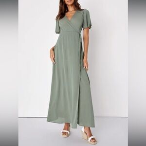 Lulus Much Obliged Washed Olive Green Wrap Maxi Dress